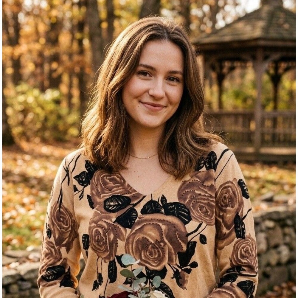 Victoria Jones NWT Floral Beaded V-Neck Sweater Tan Brown Rose, Vintage Med